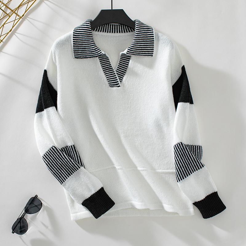 2024 Европейский и Американский Осень-Зима Новый Повседневный Свободный Женский Свитер С Воротником ПОЛО Полосатый Трикотажный Свитер Цветных Блоков S чёрный