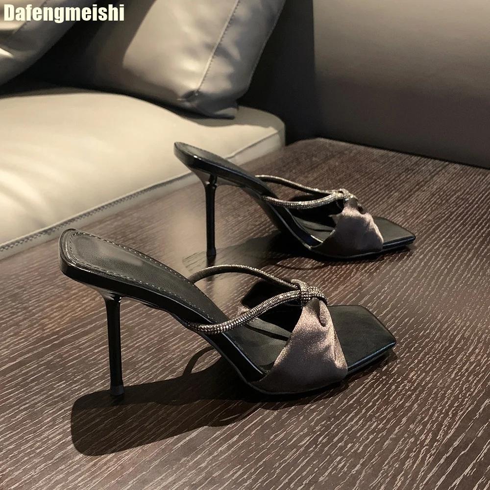 Fashion Purple Satin Rhinestone One-Strap Sandals for Women 2025 Summer New Bow Open-Toe Thin High-Heeled Slippers Casual Fashion Slides