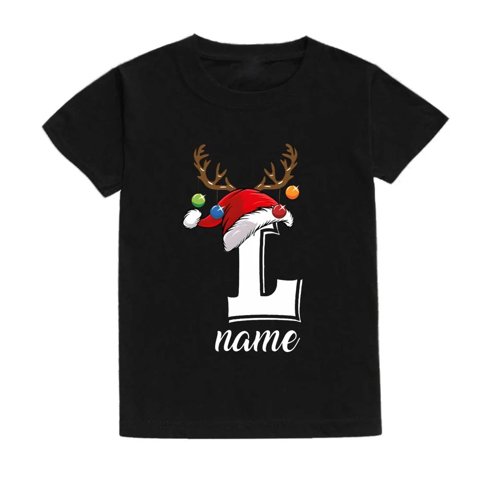 Christmas Kids T Shirt Initial with Name Child Clothes Tops Boy Girl Xmas Party Outfits Children Holiday T-shirt