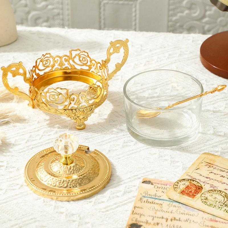 Golden Iron European Style Spice Jar,Home Kitchen Supplies Glass Sugar Bowl,Storage Sealed Jar Cream Organizer,Kitchen Tools
