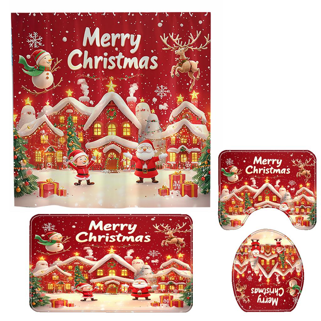 4Pcs Christmas Shower Curtain Set with Rug Toilet Lid Cover Bath Mat Bathroom Decoration Set Non-Slip Funny Shower Curtain Set