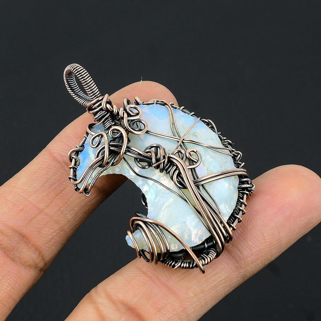 Aura Shell Crescent Moon Shape Pendant, Handmade Gemstone 999 Copper Wire Wrapped Pendant Antique Jewelry, For Gift Silver Jewelry