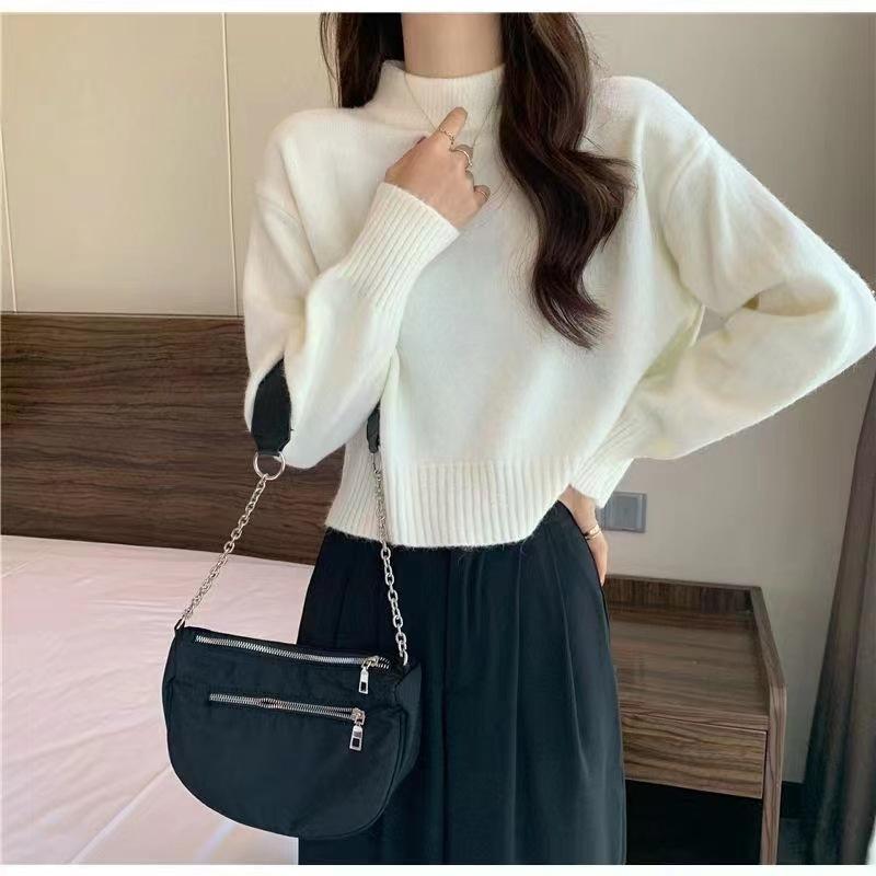 Korean-style Solid-color Sweater for Women In Autumn and Winter Half Turtleneck Pullover with Long-sleeved Knitted Sweater