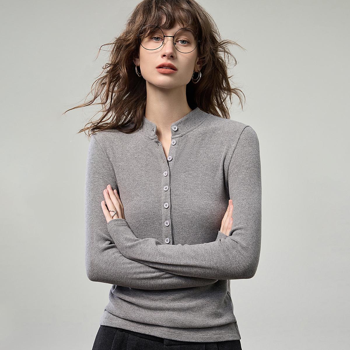 

Women s Slim Fit Henley Long Sleeve Top - Autumn 2025 Old Money Style Bodycon Shirt XL хизер серый