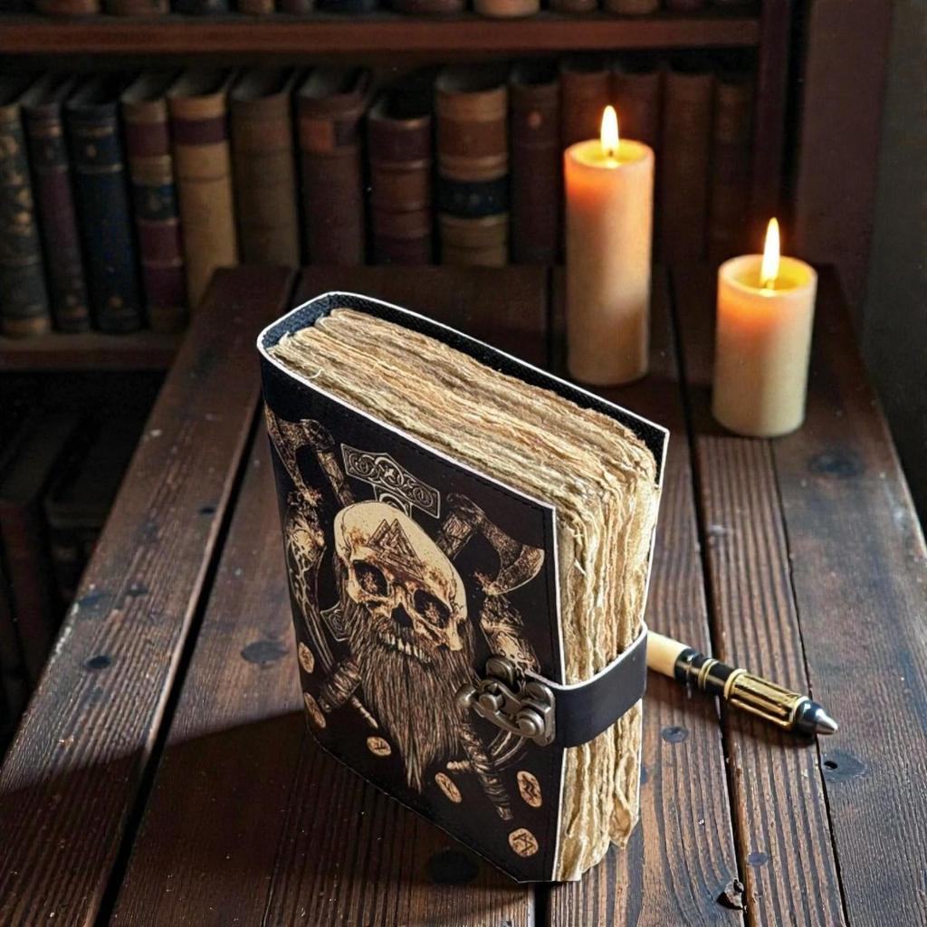 Handmade Viking Leather Journal | 5x7" Rune & Skull Notebook with 200 Deckle Edge Pages | Norse Mythology Diary for Men | Warrior Vintage Writing Book
