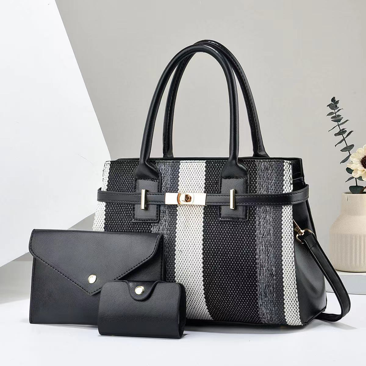 

Новые женские сумки, сумки «мать и дитя», набор из трех предметов, сумки в цветную полоску, сумки-тоут, сумки через плечо. 30*13*22 чёрный