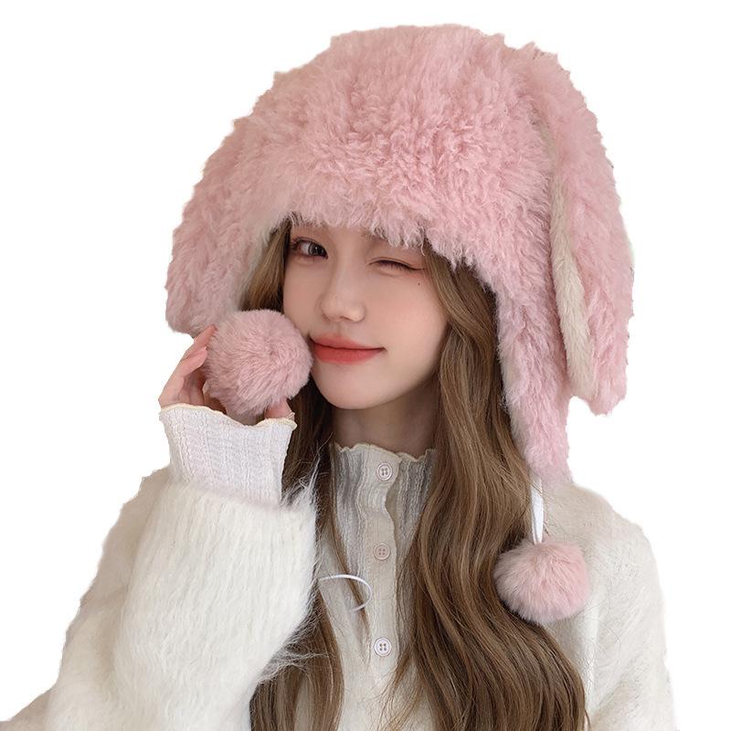 Winter Thickened White Plush Cartoon Rabbit Ears Female Age Reduction Sweet and Cute Ear Protection Warm Pullover Cap