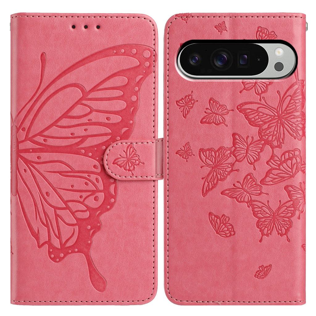 Für Google Pixel 9 Pro XL/10 Pro XL Hülle Schmetterling geprägt Brieftasche Ständer PU Leder Klapphandyhülle mit Riemen