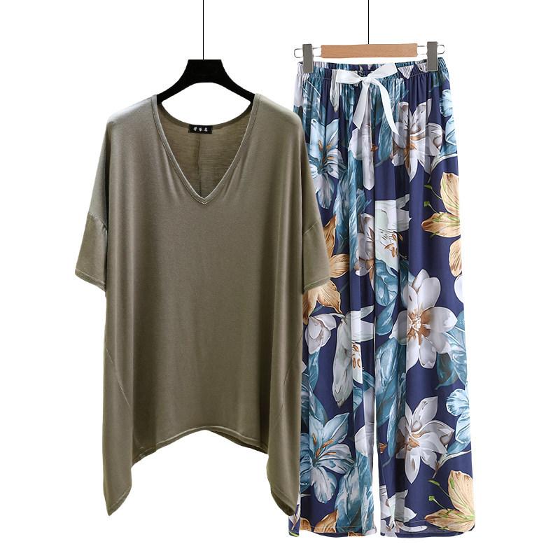 irregular Tshirt and floral wide leg pants summer women's casual pajamas sets Short sleeve homewear suit Loose lightweight Loungwear Plus size