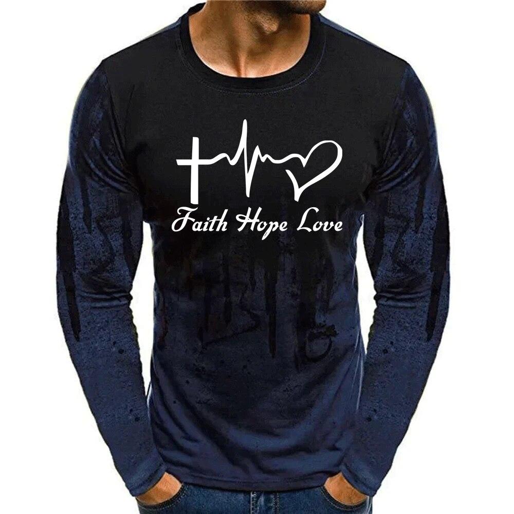 3D potisk Pánské tričko s dlouhým rukávem Faith Hope Love Jaro Podzim Ježíš Srdce Potisk O-neck Pullover Fashion Street Oversized topy