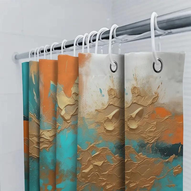 Artistic Shower Curtain Gold Orange Blue Abstract Design For Bathroom Decor Waterproof