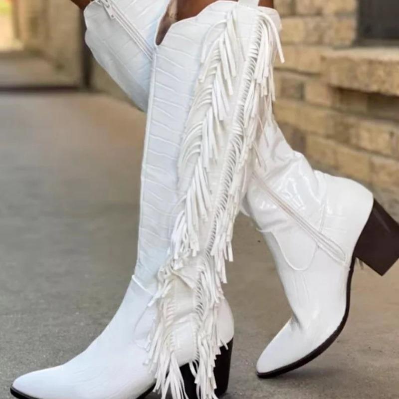 White Cowgirl Boots, White Alligator Pattern Fringed Boots, European and American Pointed Thick Heel Knight Boots, Large Size Fringed Boots, Women's