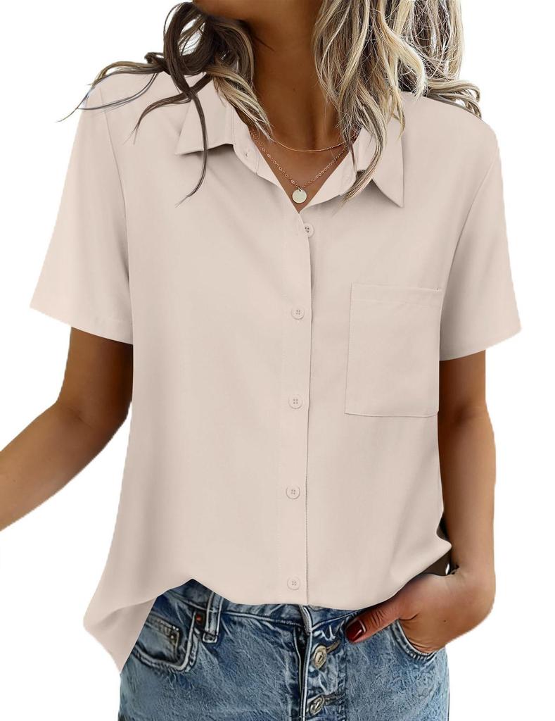 Chemise Boutonnée Manches Courtes Couleur Unie pour Femme - Haut Business Casual/Formel pour le Travail, Collection Printemps/Été 2026