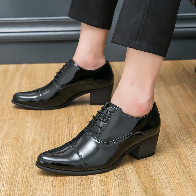 Large size pointed high heels men's shoes British style hair stylist glossy leather shoes European and American style casual business dress shoes