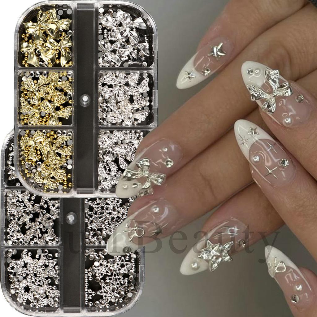 Nail art three-dimensional jewelry 6 grid punk metal star bow mixed with diamond jewelry