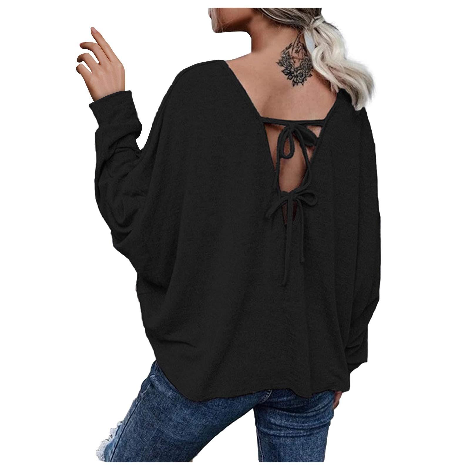 Women s fashion casual loose string back off shoulder T-shirt top M чёрный