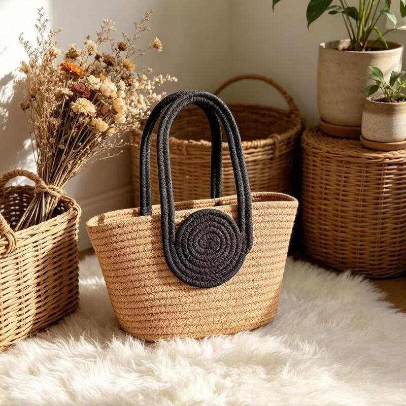 Kairui Caramel Black Cotton Rope Woven Handbag