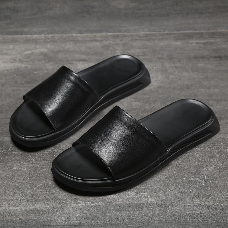 

New Men One-piece Sandals Black Flat Heel Two-layer Cowhide European Outdoor Beach Sandals Sizes 38-44 Men Slippers 44 чёрный
