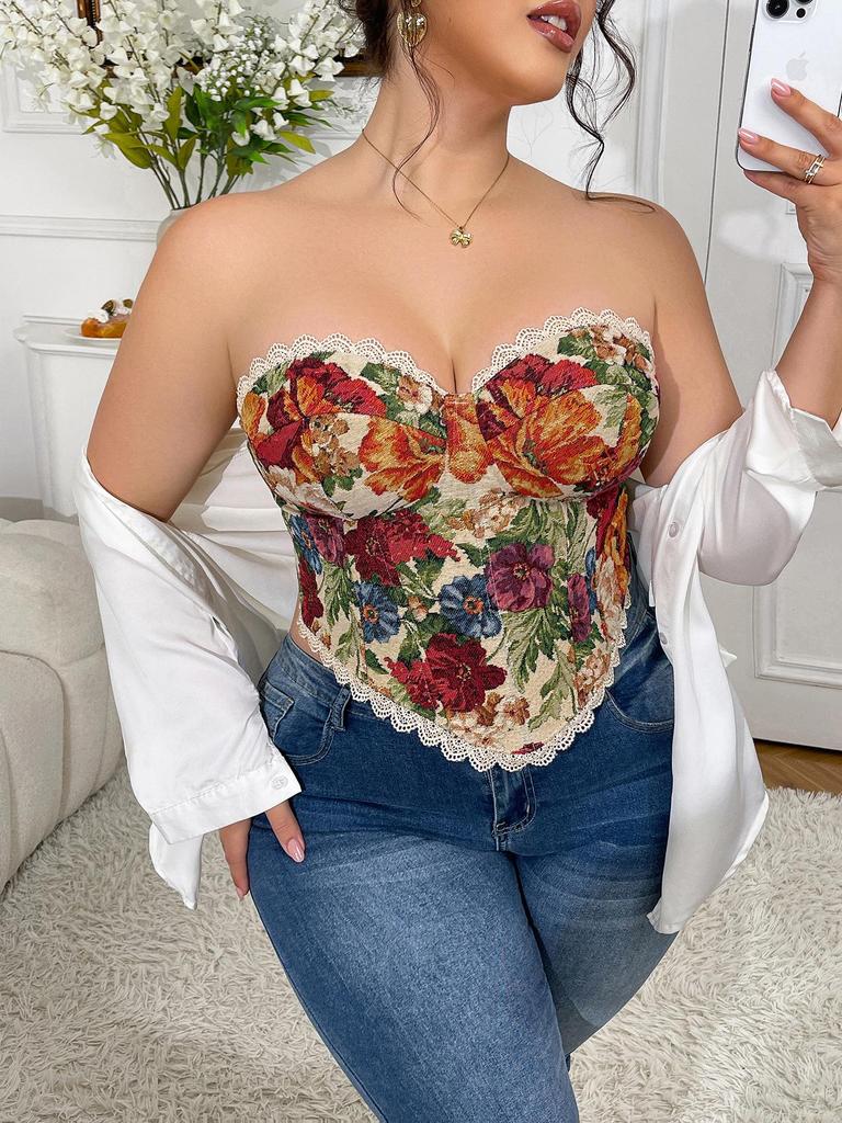 Plus Size Retro French Fishbone Corset: Sexy Lace-Up European & American Floral Bustier Top for Women