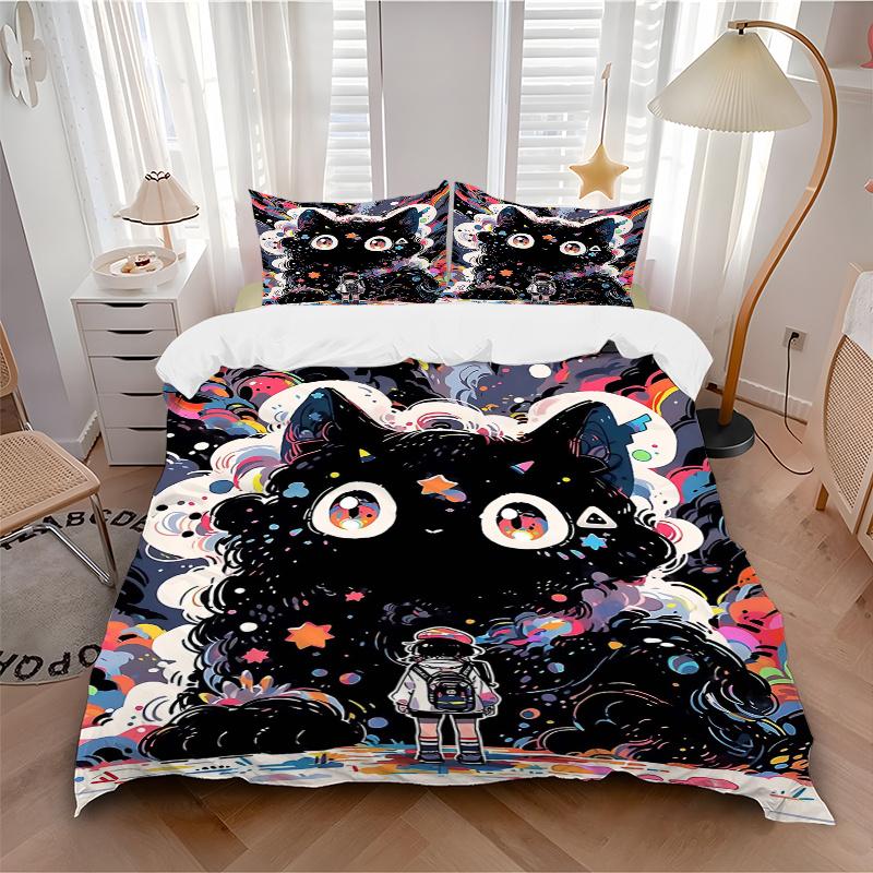 3pcs Giant Colorful Black Cat Print Bedding Set (1 Cover + 2 Pillowcases, Without Inserts), This Printed Bedding Set Is Soft and Comfortable