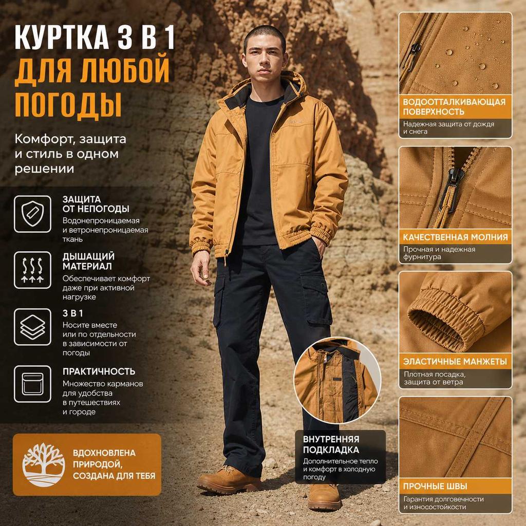 Timberland Solid Color Outdoor Waterproof Three-In-One Hooded Jacket Men Jackets Wheat A6NFS-P47