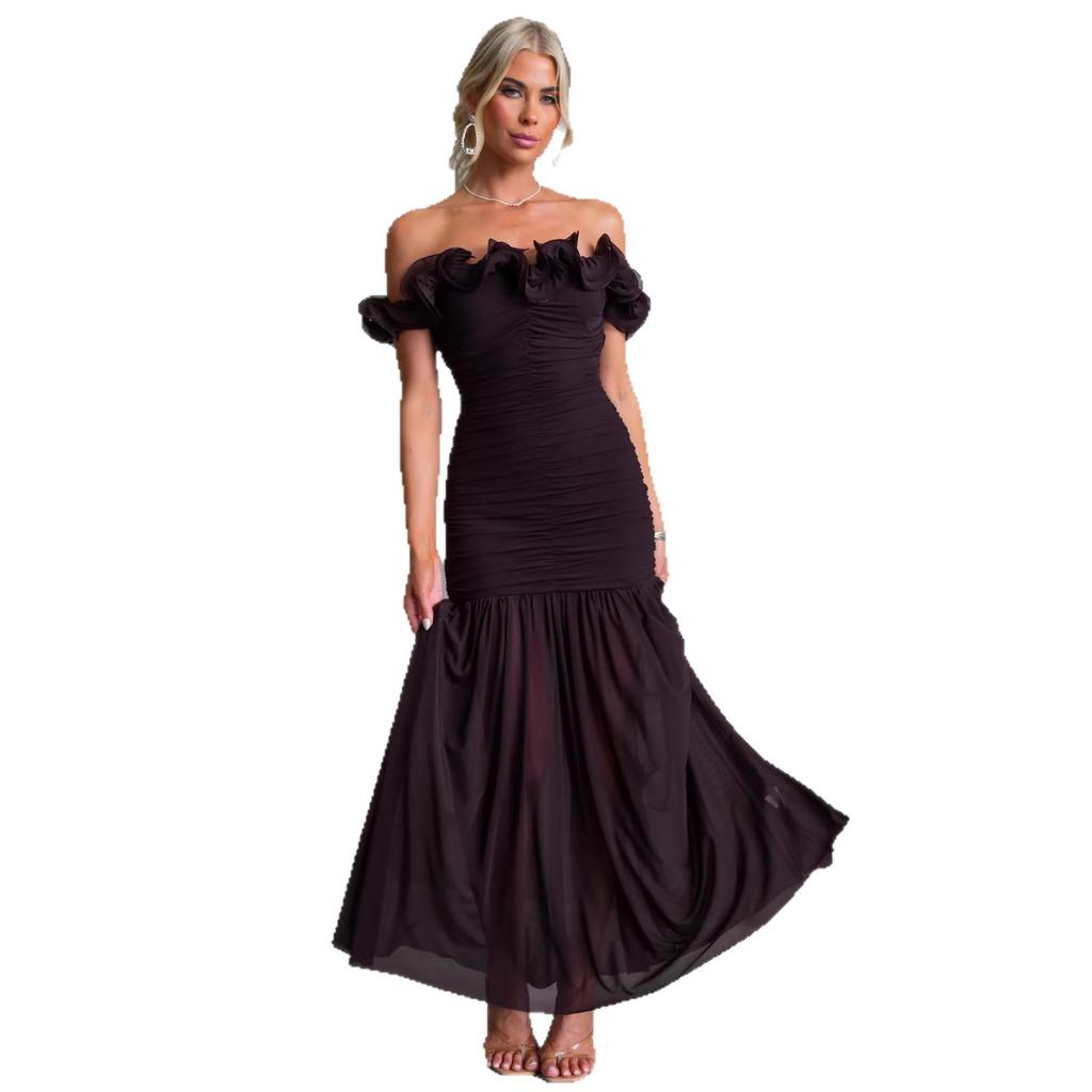 Frühling und Sommer in Europa, Amerika, Unifarbene Netzstoff-Passform Sexy Urlaubsstil One-Shoulder-Kleid 120