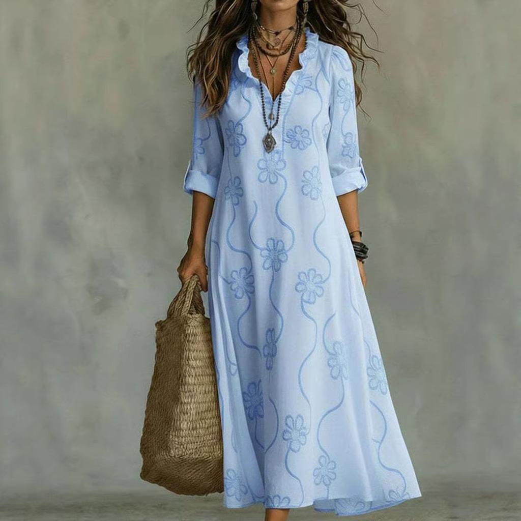 Fashion Printed Versatile Dress Lace Ruffled V-Neck Long-Sleeved Women's Summer Resort Style Commuter Vestidos Long Dresses