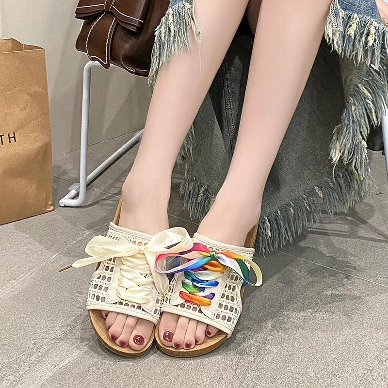 Dámská módní obuv 2025 Léto Šněrovací Luxusní Dámské Pantofle Módní Barevné Sladění Venkovní Ležérní Sandály Nadměrná Velikost Ploché Pantofle