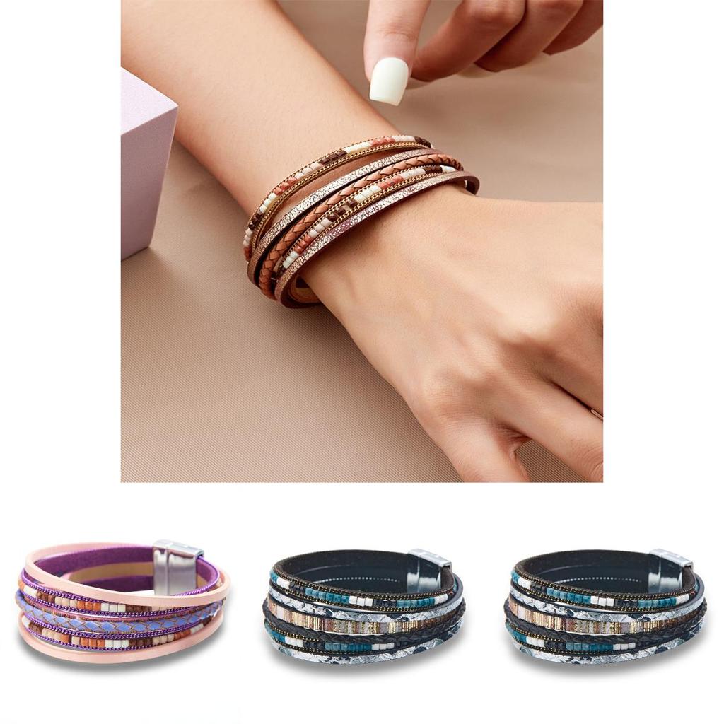 Bohemian Woven Leather Wristband With Alloy Accents For Casual Accessory