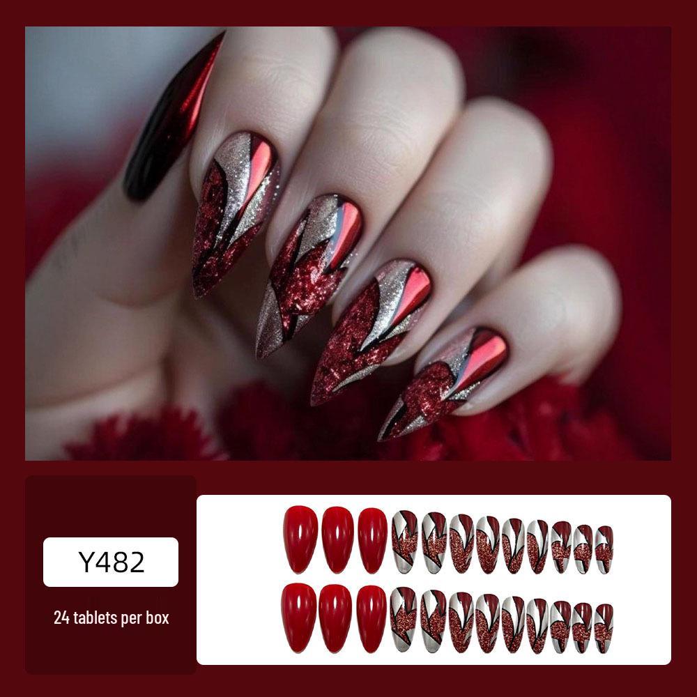 European & American Style Almond-Shaped Wearable Nails - Red & Silver Geometric Design