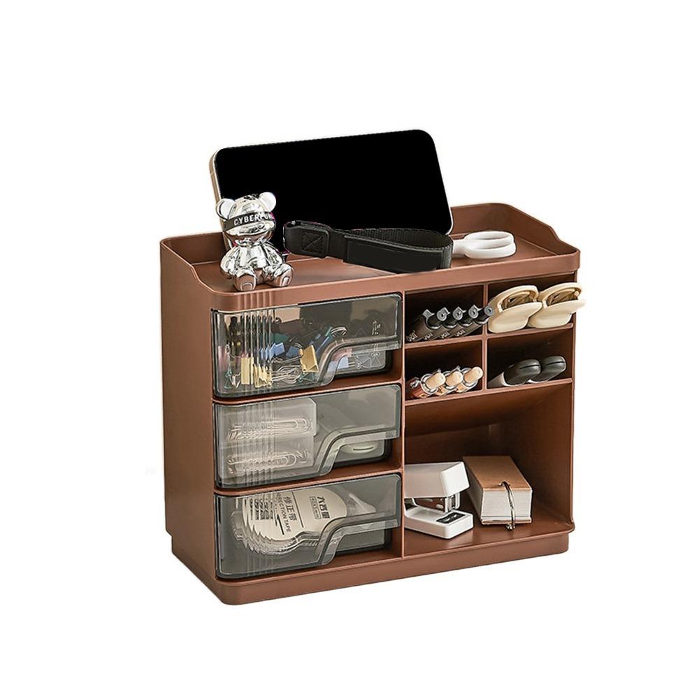 

Пластикова настільна коробка для зберігання великої місткості ящика для зберігання канцелярських товарів Пилонепроникний багатошаровий органайзер для макіяжу для дому кавовий