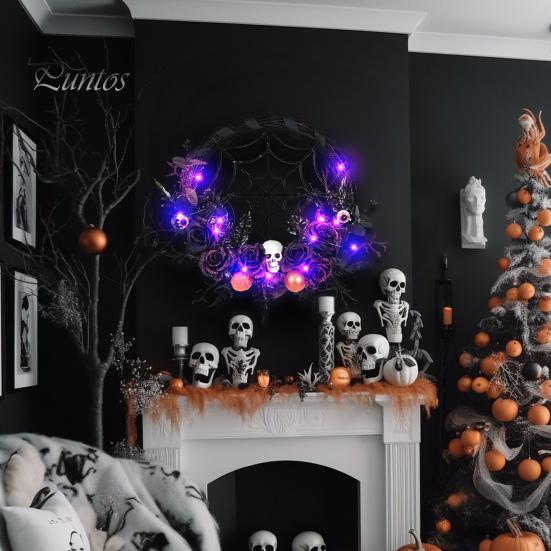 

Венок с черепом на Хэллоуин со светодиодной подсветкой Жуткий реалистичный венок для входной двери для праздничного украшения дома