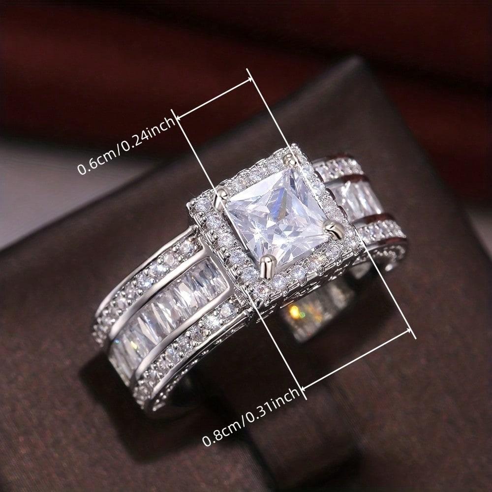 Silver Sparkling Diamond Square Ring, Light Luxury Engagement Accessory, Versatile And Fashionable Women'S Ring For Daily Use