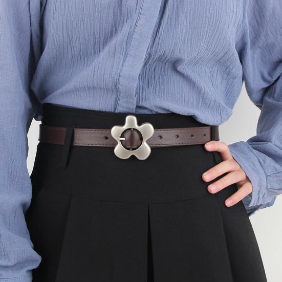 Imitation Leather Women Belt Metal Flower Pin Buckle Adjustable Design