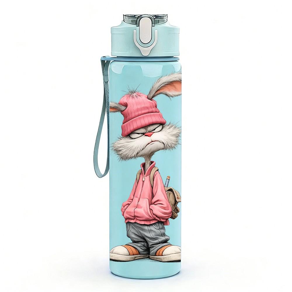 1PC Pink Bunny Rabbit Rag Doll Print 750ml Color Plastic Sports Water Bottle Leakproof Flip Straw Lid Suitable for Sports Office Home Use