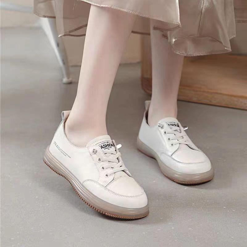 

First layer cowhide deep mouth white shoes beef tendon soft sole one pedal women s shoes autumn leather breathable rest comfortable idle shoes 34 бежевый