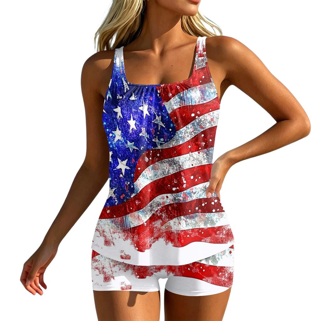 Women's Two Piece Tankini Swimsuit Set Printed Athletic Swimwear with Sleeveless Top and Shorts for Beach Pool Sports