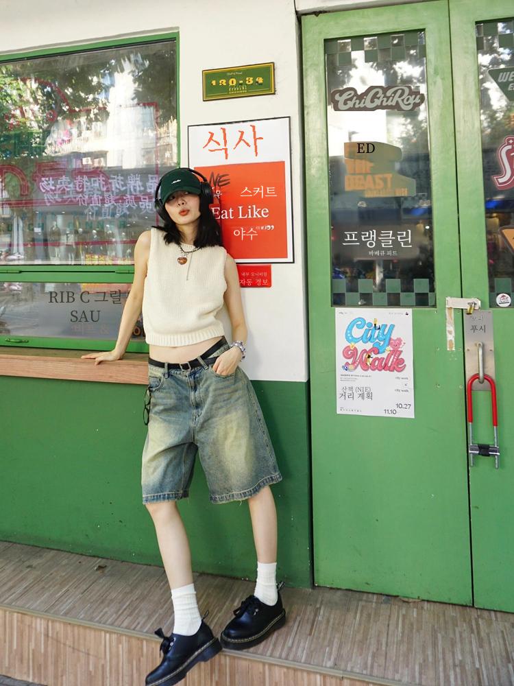 

Стираные повседневные потертые ретро прямые шорты Demin 2024 новые модные свободные широкие брюки с высокой талией узкие брюки пятого размера XL синий