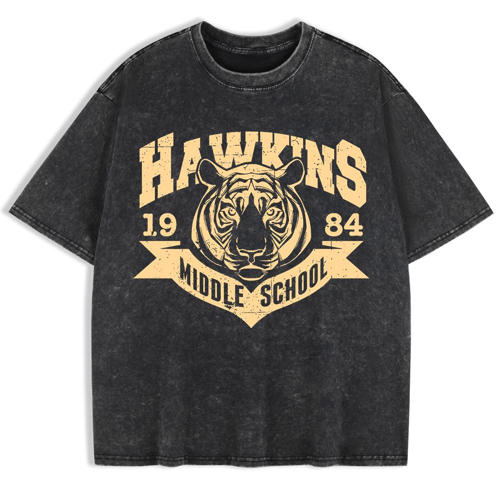 

Hawkins Middle School 1984 Prints Washed T-Shirt Mens Cotton Short Sleeve Tops Street O-Neck Oversize T Shirt Clothes S