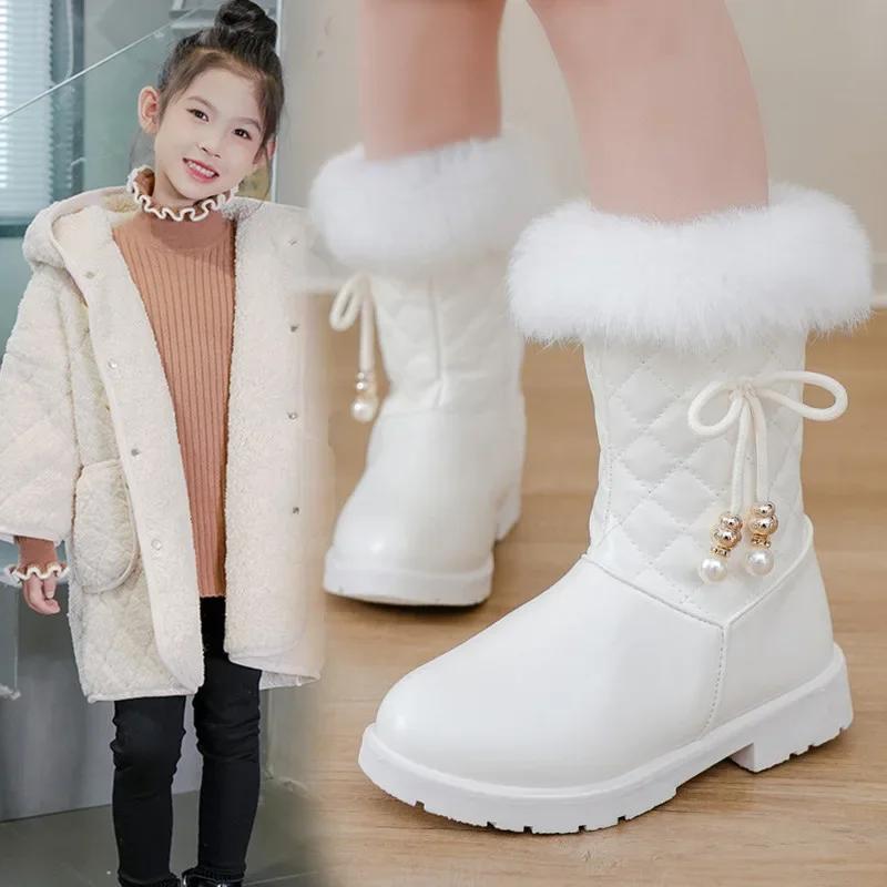 Girls Leather Snow Boots Warm Shoes for Winter Kids Princess Boots with Fur Sweet Girls Long Boots with Bow