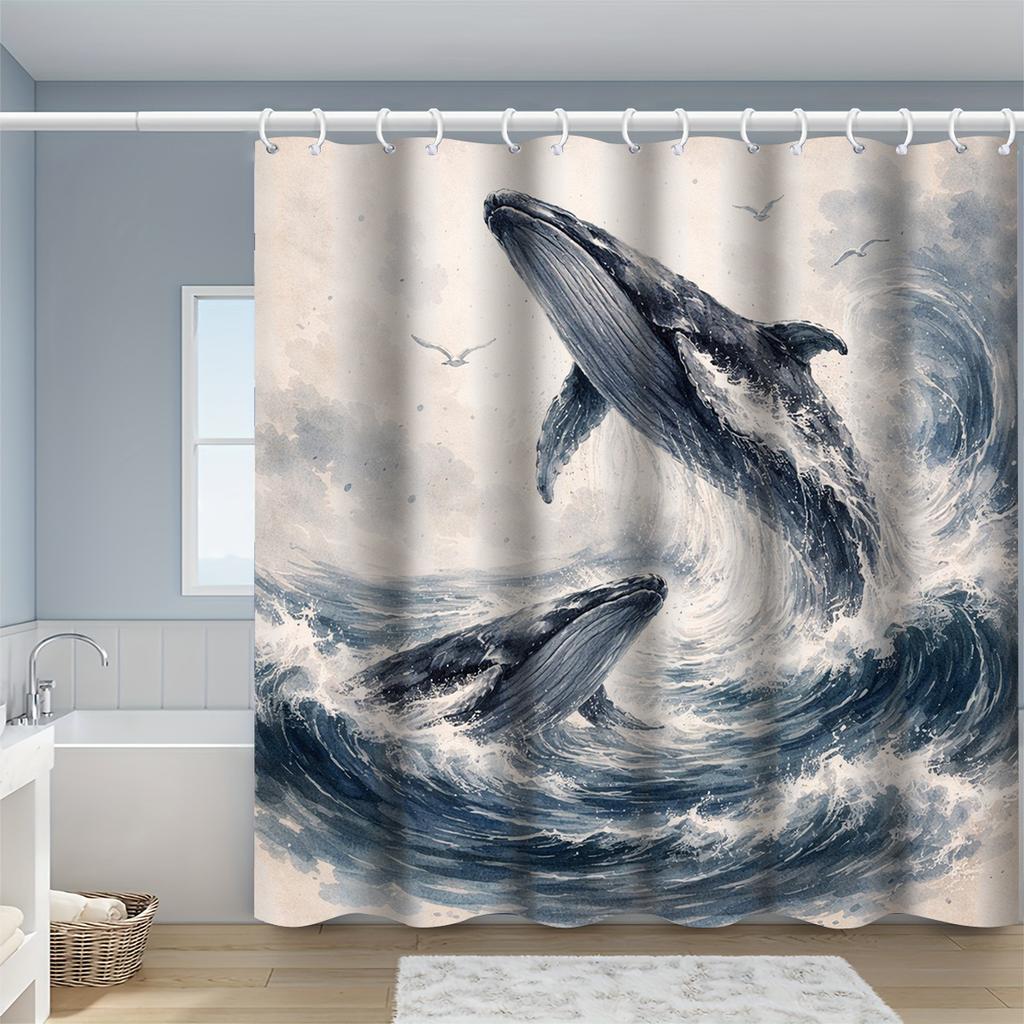 Watercolor Double Whale Breaching Illustration Shower Curtain 1Pc With 12 Hooks For Bathroom Home Decor Polyester 70.8X70.8 Inch