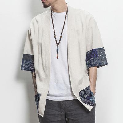 Men Retro Printing Patchwork Cardigan Coat 3/4 Sleeve Open Front Poncho Outerwear Thin Hanfu Cardigan
