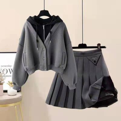 Plush Thickened Casual Long Sleeved Hooded Mini Pleated Skirt Two-piece Set Fashionable Women's Skirt Set