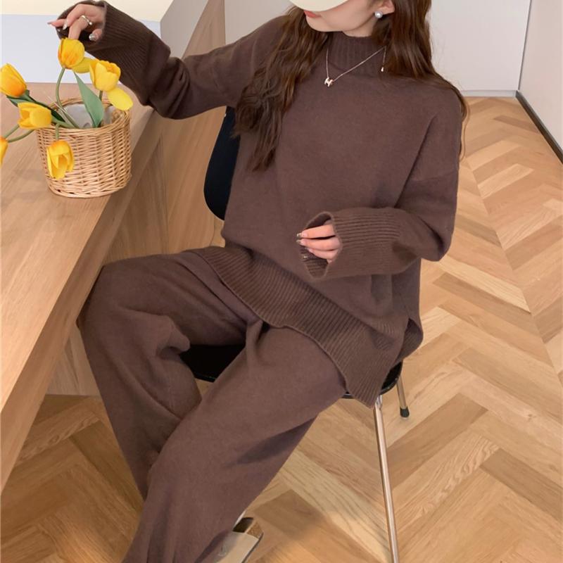 Autumn Winter Split Women's Sweater Sets Solid Color Knitted Sweaters Casual Pants Two-piece Sets