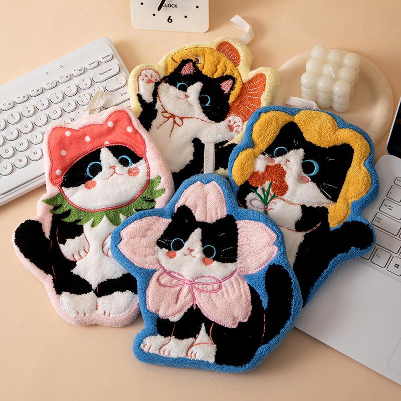 Cartoon Korallenvlies Handtuch für Küche Kawaii Katze Handabwischlappen Reinigungstuch Badezimmer Hängehandtuch Saugfähiger Putzlappen