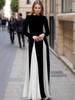 2024 Autumn/Winter Women's Retro High Waist Evening Dress - European & American Style, Color Block, Long Sleeve, Round Neck, Slimming Temperament.