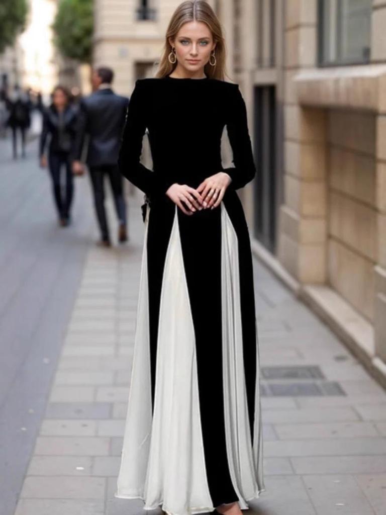 2024 Autumn/Winter Women's Retro High Waist Evening Dress - European & American Style, Color Block, Long Sleeve, Round Neck, Slimming Temperament.