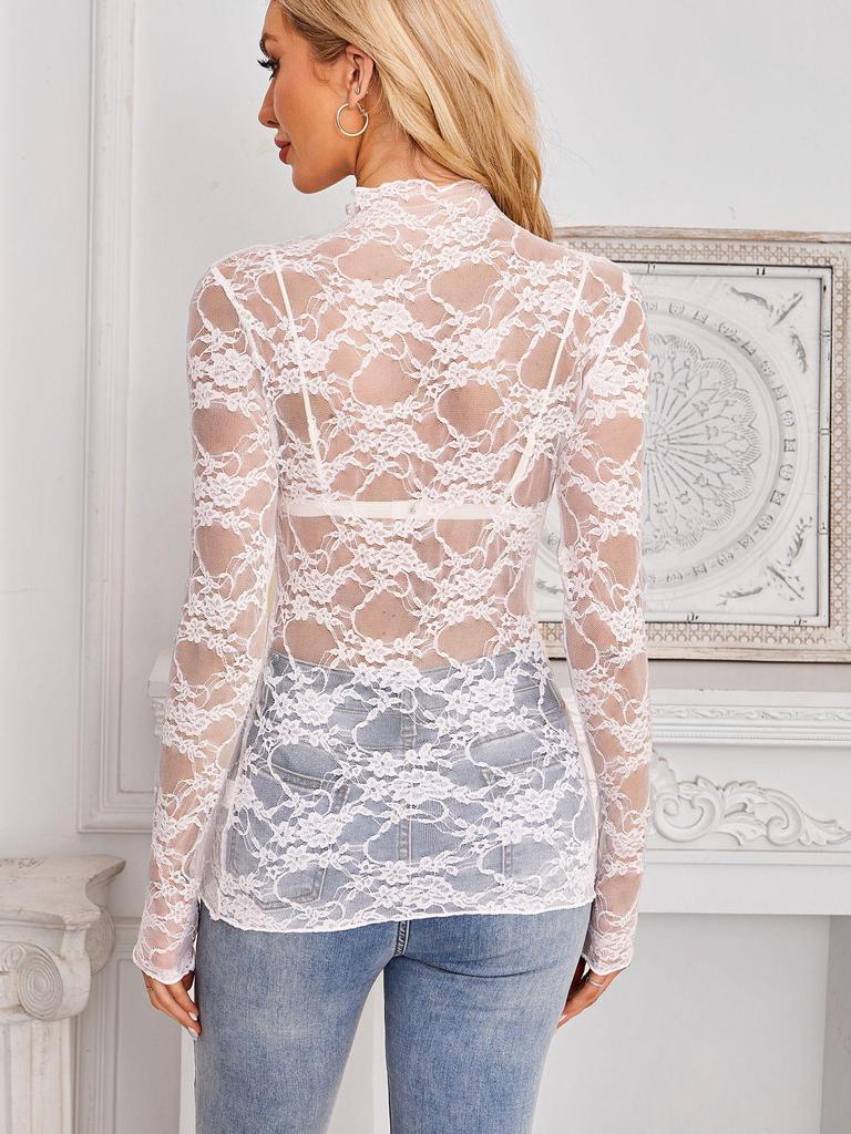 TK2025 Slim Fit Summer Mesh Lace Long Sleeve Top for Women