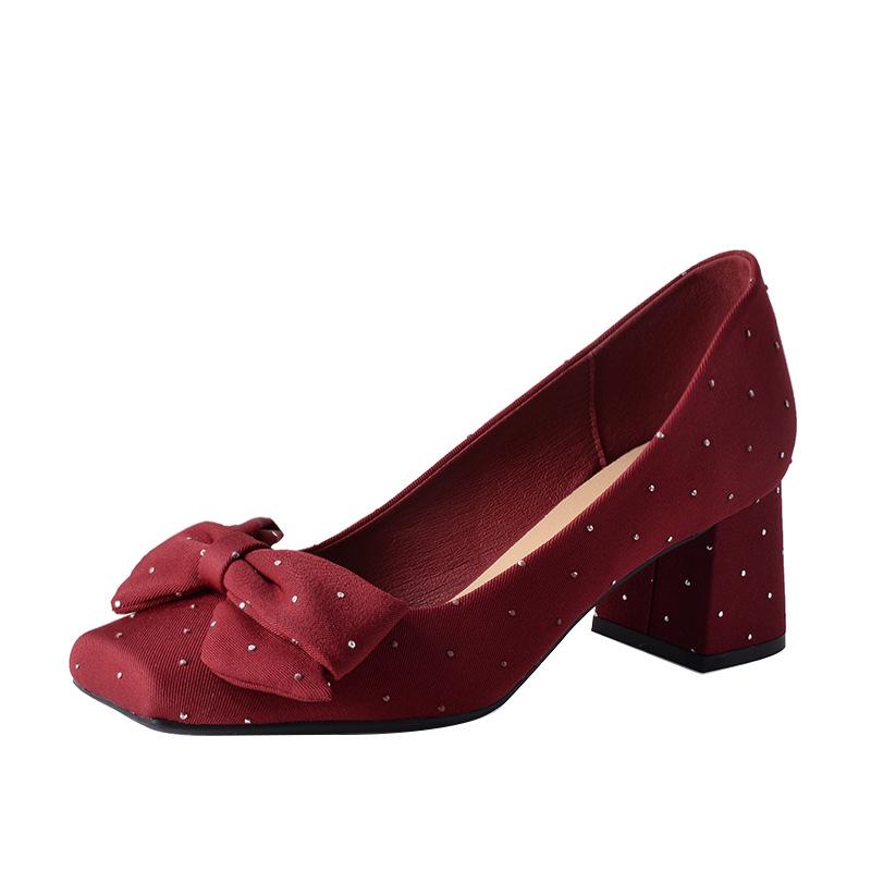 Burgundy Square Toe Silk Heels with Rhinestone Bow