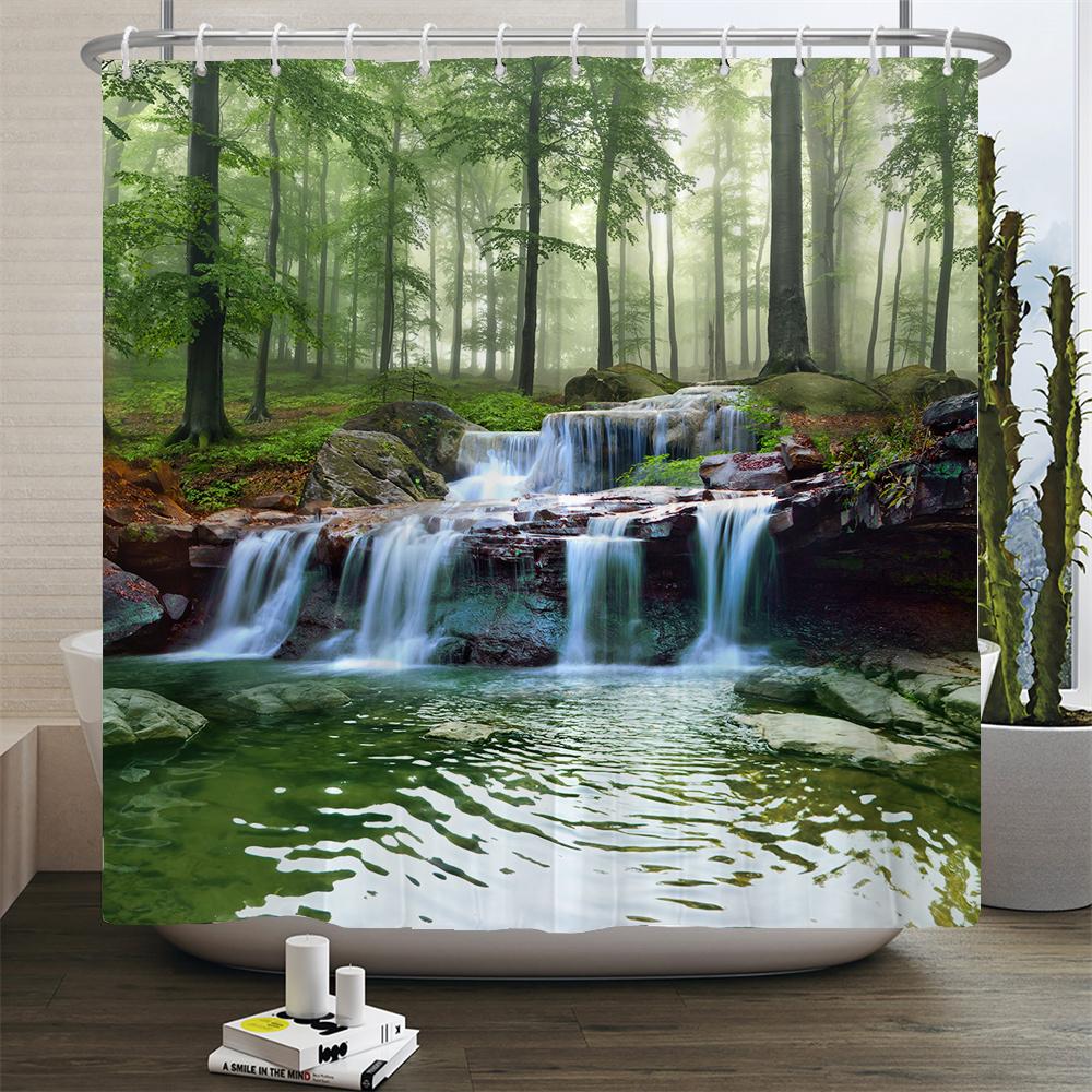 Natural Scenery Shower Curtain Set Forest Waterfall Spring Landscape Home Bathtub Decor Waterproof Polyester Bathroom Curtains